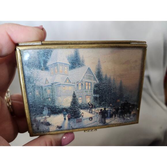 Vintage Enesco Thomas Kinkade Etched Glass Brass Jewelry Trinket Box Cottage - Picture 11 of 16